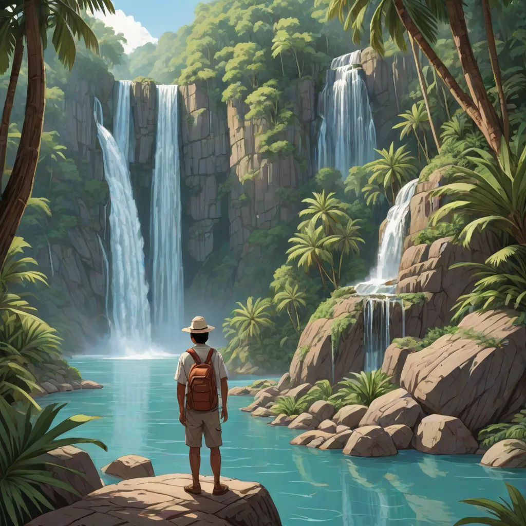 a man standing on a rock in front of a waterfall with a backpack on his back and a backpack on his shoulder, fantasy art, a detailed matte painting, Chris LaBrooy, official art