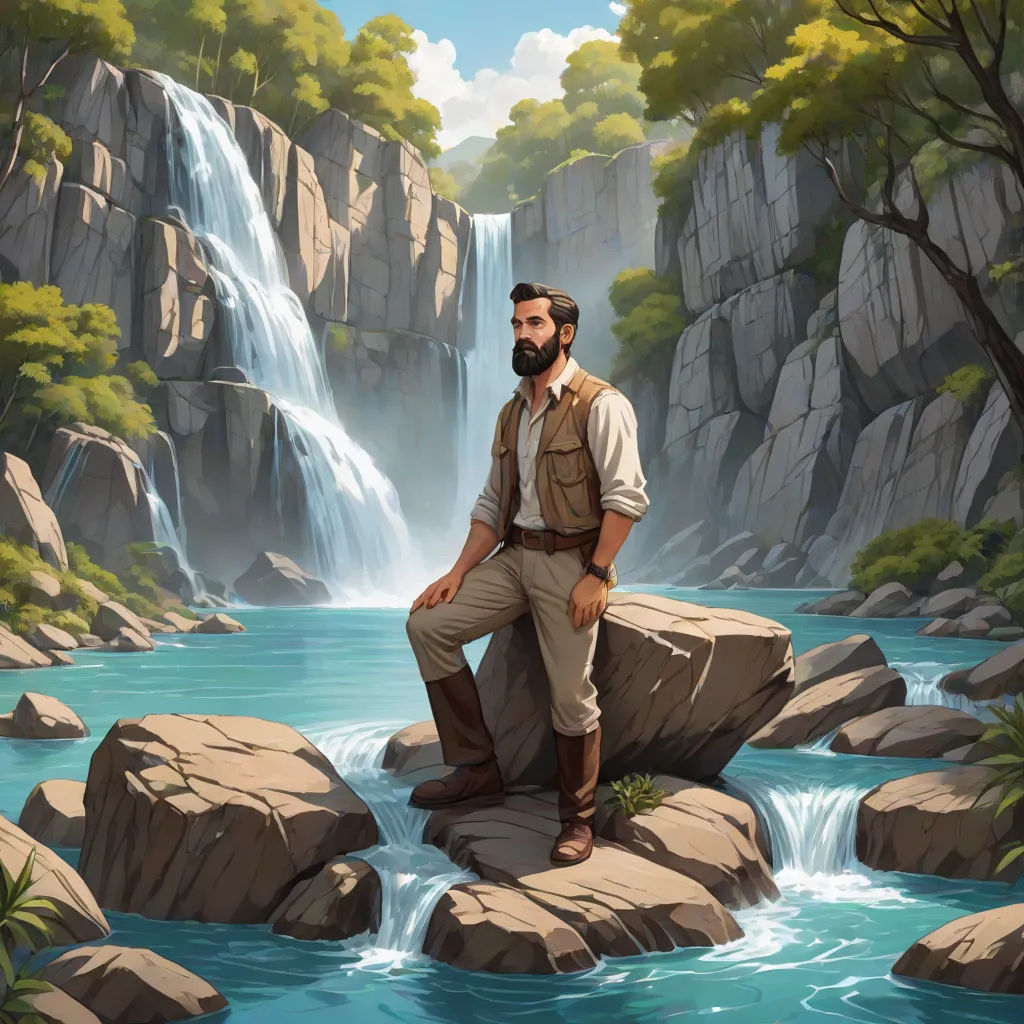 a painting of a man sitting on a rock in front of a waterfall with a waterfall in the background, naturalism, a character portrait, Aaron Jasinski, kinkade