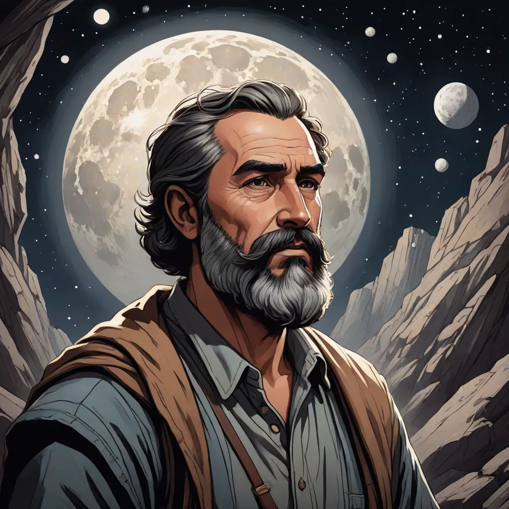 a man with a beard and a beard standing in front of a full moon and mountains with a beard, space art, a character portrait, Cliff Childs, character portrait