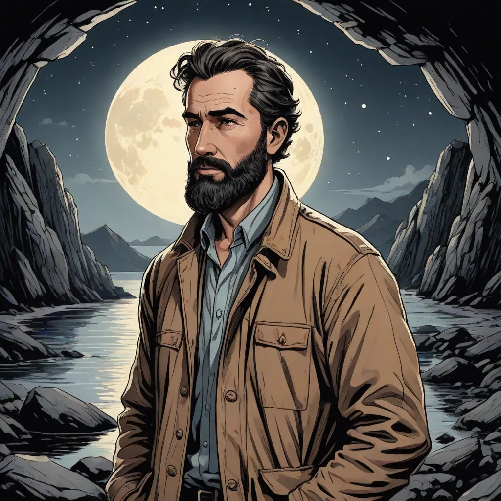 a man with a beard standing in front of a cave with a full moon in the background and a river in the foreground, serial art, a character portrait, Edward Otho Cresap Ord, II, character portrait