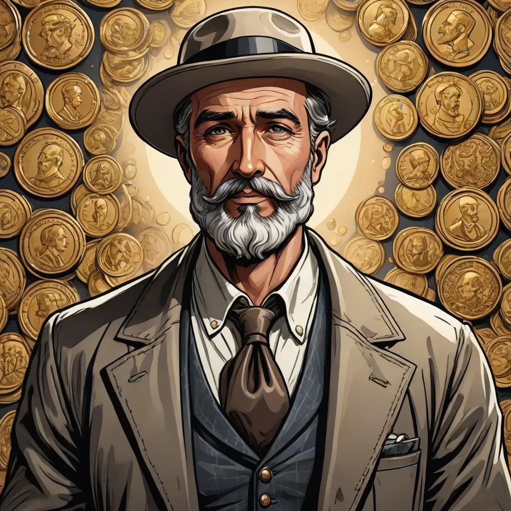 a man with a beard and a hat standing in front of a wall of gold coins with a man in a suit and tie, sots art, a character portrait, Everett Warner, character portrait