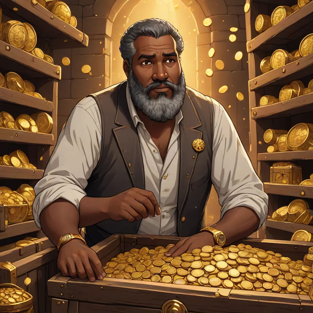 a man with a beard and beard standing in front of a chest of gold coins in a room filled with shelves, sots art, a character portrait, Duccio, game art