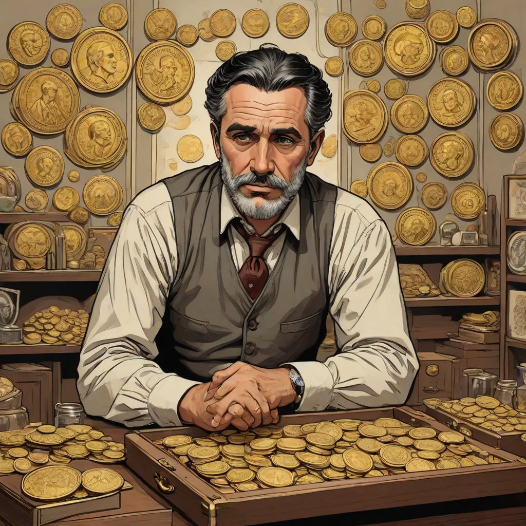 a man sitting at a table with a bunch of gold coins on it and a painting of him in the background, serial art, a character portrait, Diego Gisbert Llorens, in gta v