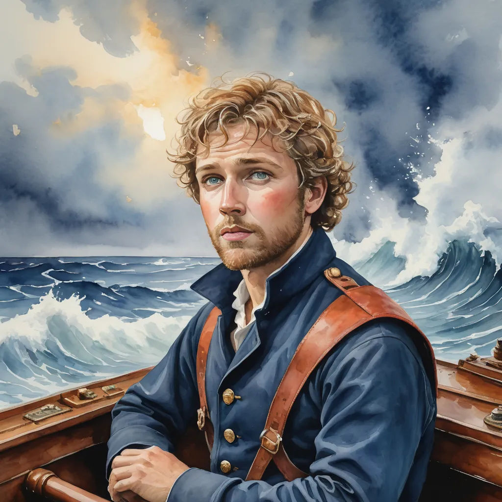 a painting of a man in a blue coat on a boat in the ocean with a stormy sky behind him, american romanticism, a character portrait, Aaron Jasinski, extremely detailed oil painting