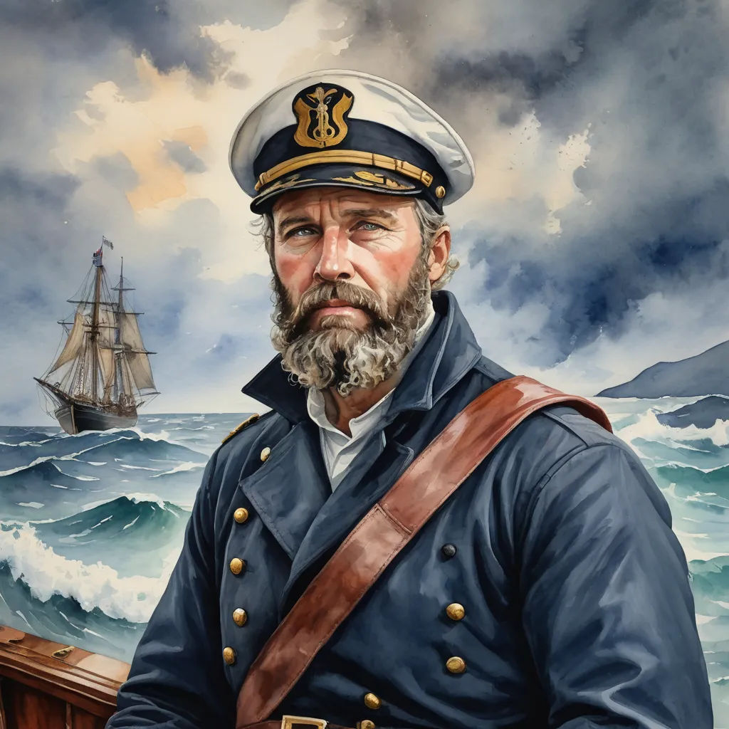 a painting of a man in a uniform on a boat in the ocean with a ship in the background, american scene painting, a character portrait, Fitz Hugh Lane, highly detailed digital painting