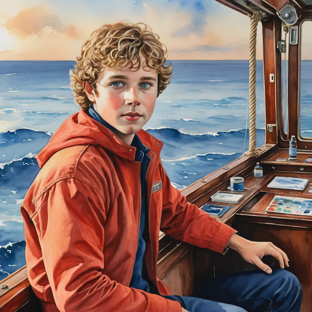 a painting of a boy sitting on a boat in the ocean with a view of the ocean and a ship, figurative art, a photorealistic painting, Arie Smit, highly detailed oil painting