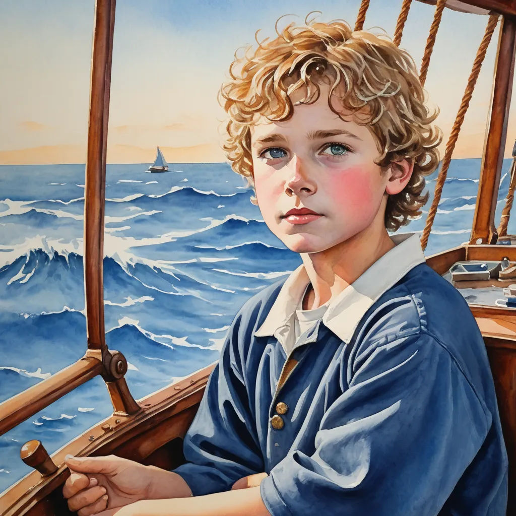 a painting of a boy on a boat in the ocean with a sailboat in the background and a painting of a sailboat in the foreground, figurative art, an ultrafine detailed painting, Bob Byerley, highly detailed oil painting
