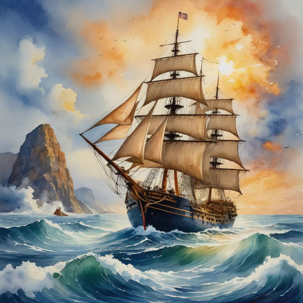 a painting of a ship in the ocean with a mountain in the background and a sky with clouds and a sun, fantasy art, a detailed matte painting, Christophe Vacher, highly detailed digital painting