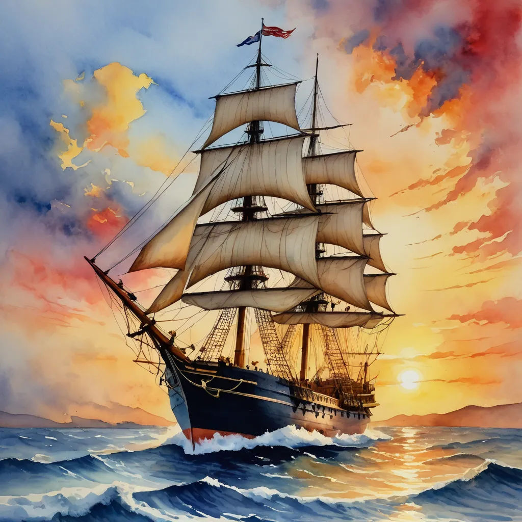a painting of a ship sailing in the ocean at sunset with a sky background and clouds in the background, american scene painting, an airbrush painting, David Martin, highly detailed digital painting