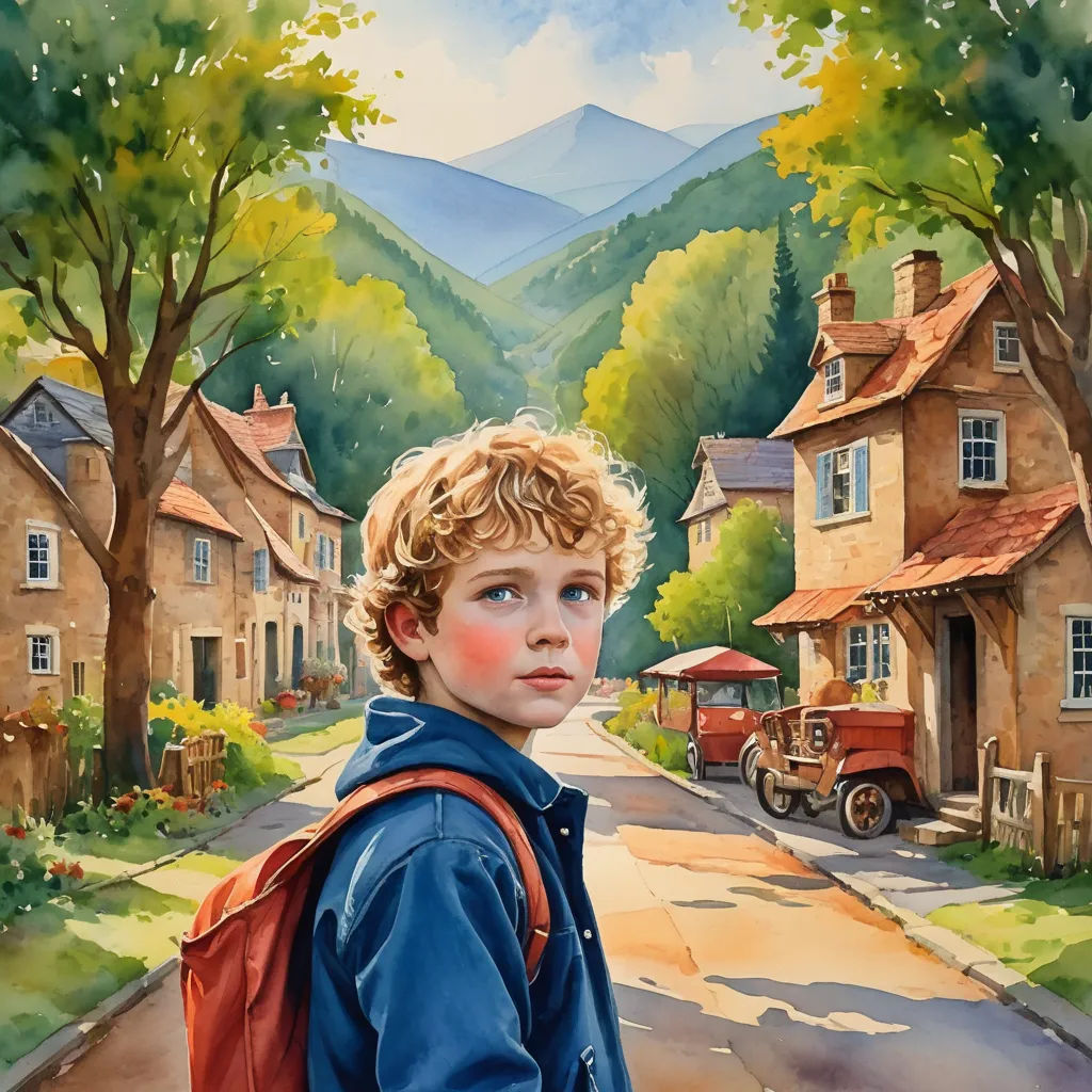 a painting of a boy with a backpack on a street with a mountain in the background and a red truck parked on the side of the road, american scene painting, a storybook illustration, Bob Byerley, storybook illustration