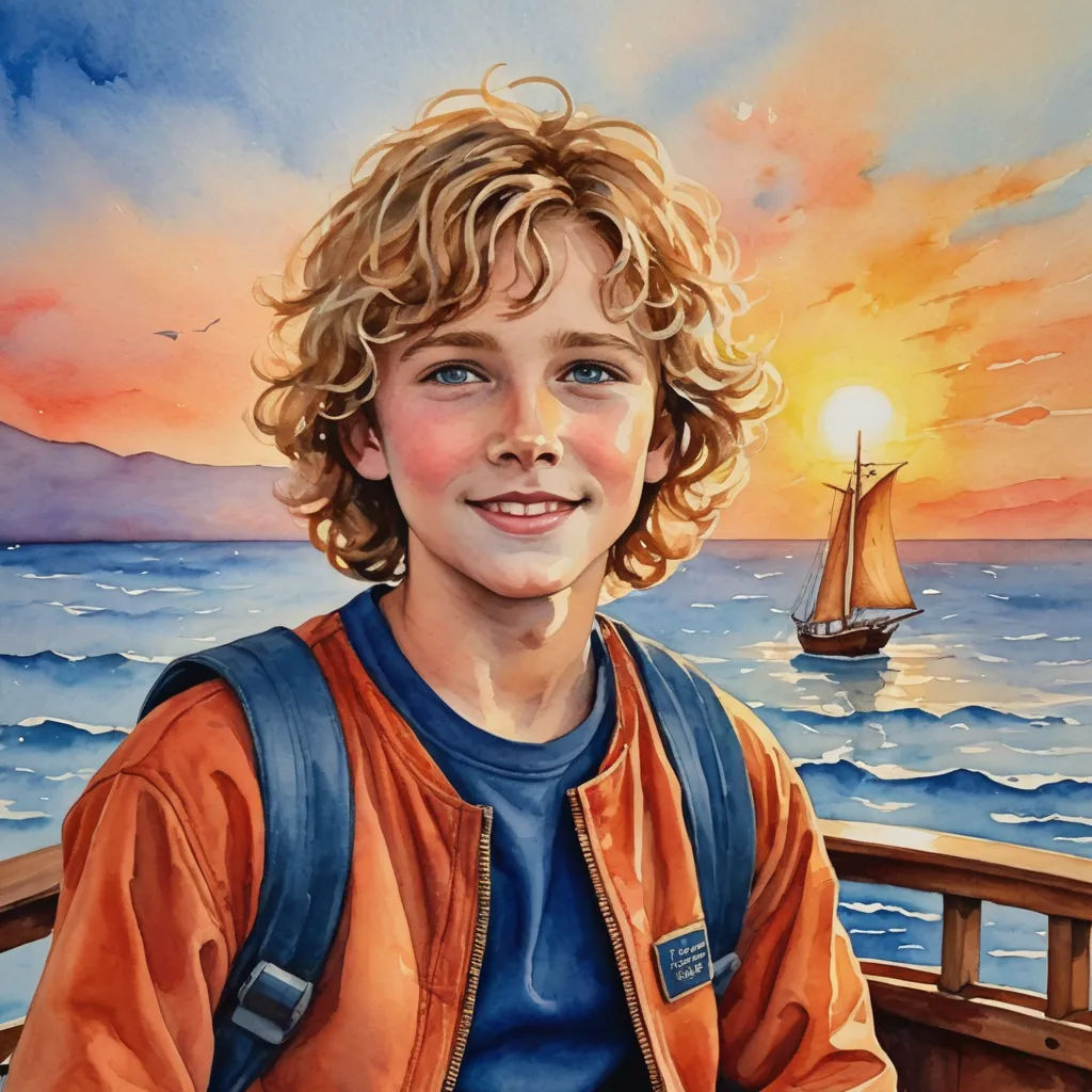 a painting of a boy on a boat with a sailboat in the background and a sunset in the background, figurative art, a detailed painting, Aaron Jasinski, detailed painting