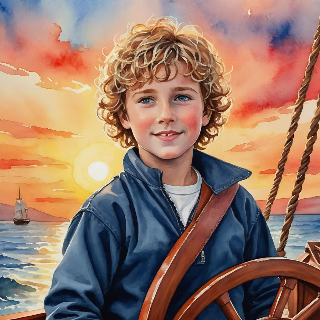 a painting of a boy on a boat at sunset with a sailboat in the background and a sunset behind him, figurative art, an airbrush painting, Bob Byerley, highly detailed oil painting