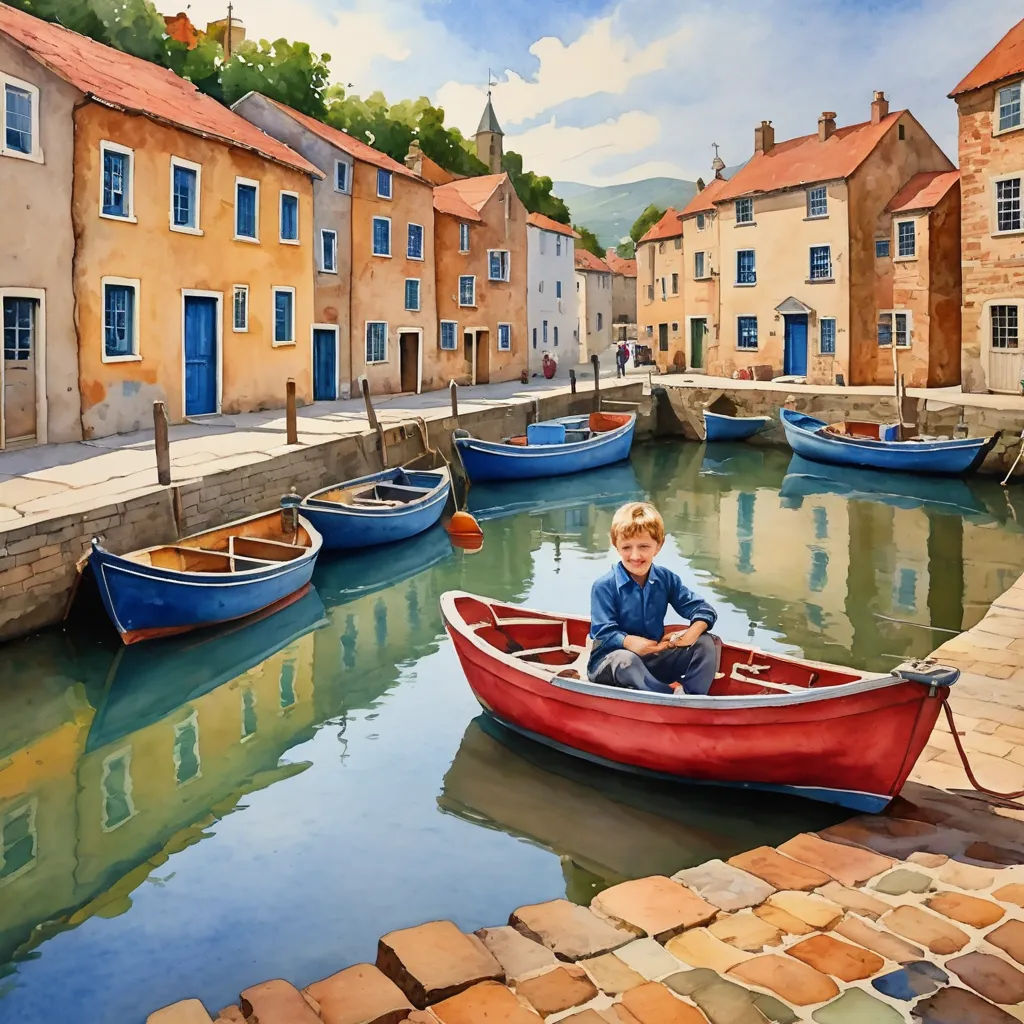 a painting of a boy in a red boat in a canal with other boats in the background and a brick wall, naive art, a fine art painting, Colin Middleton, highly detailed digital painting