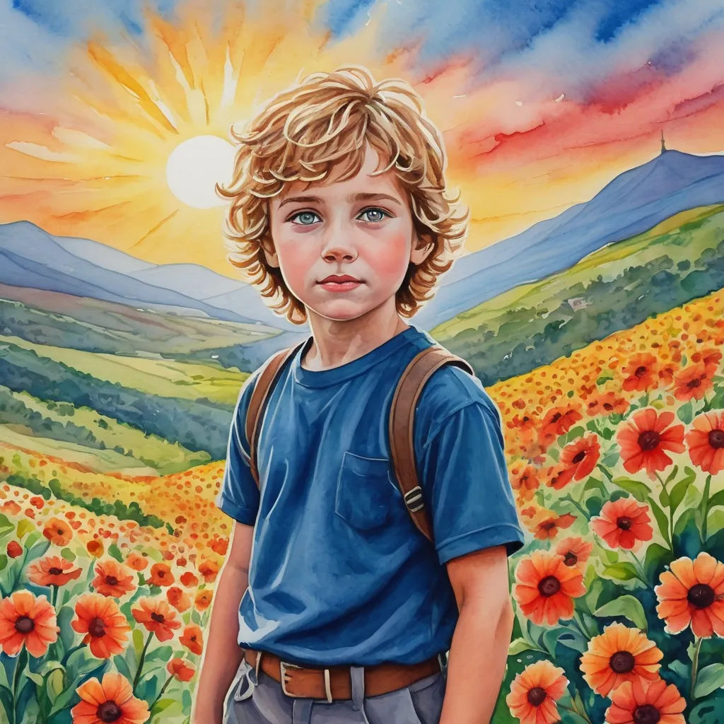 a painting of a boy in a field of flowers with the sun setting behind him and mountains in the distance, fantastic realism, a detailed painting, Aaron Jasinski, extremely detailed oil painting