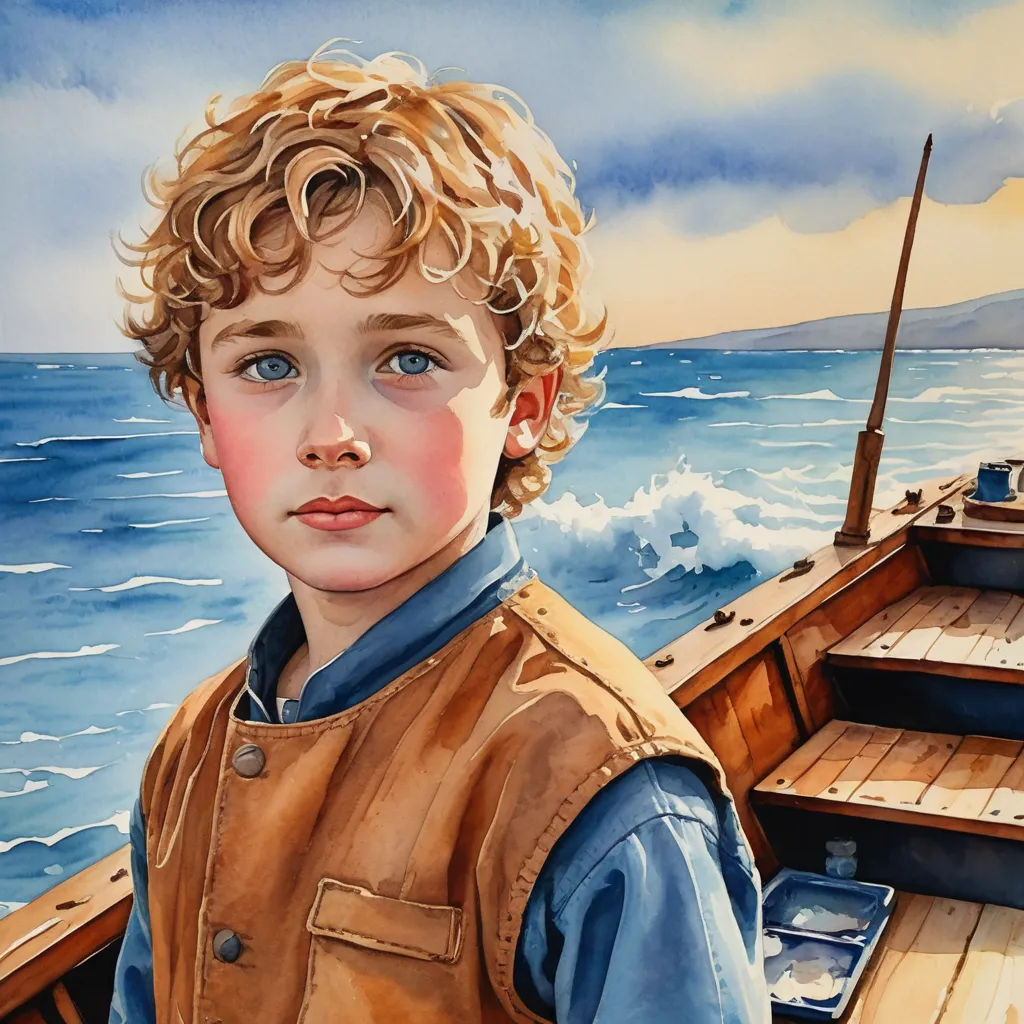 a painting of a boy on a boat in the ocean with a boat in the background and a boat in the foreground, photorealism, a photorealistic painting, Diego Gisbert Llorens, highly detailed digital painting