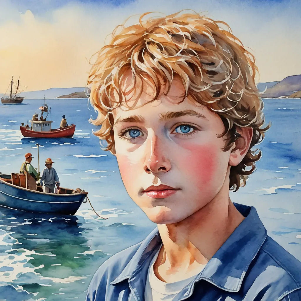 a painting of a boy in a boat with a boat in the background and a man in a blue shirt, figurative art, a watercolor painting, Bob Byerley, photorealistic portrait