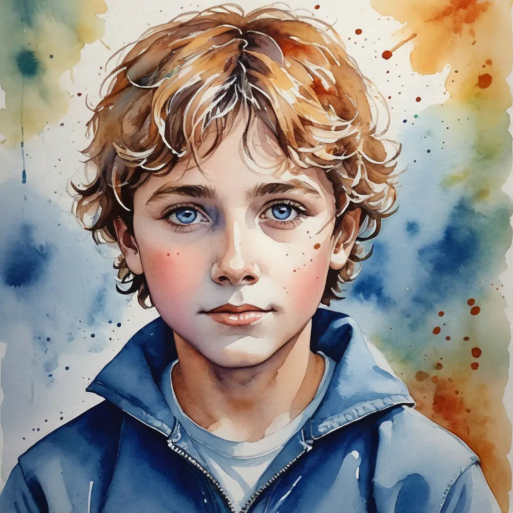 a painting of a boy with blue eyes and a blue jacket on, with watercolor stains on the background, figurative art, a watercolor painting, Diego Gisbert Llorens, photorealistic portrait