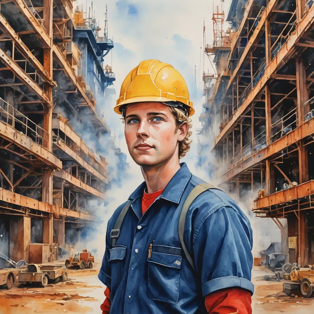 a painting of a man in a hard hat in a factory with smoke coming out of the stacks of buildings, socialist realism, a photorealistic painting, F Scott Hess, extremely detailed oil painting
