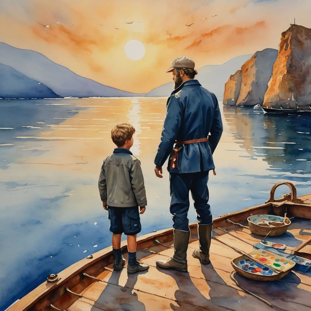 a painting of a man and a boy on a boat looking at the water at sunset with a mountain in the background, american scene painting, a fine art painting, Colin Gill, stanley artgermm