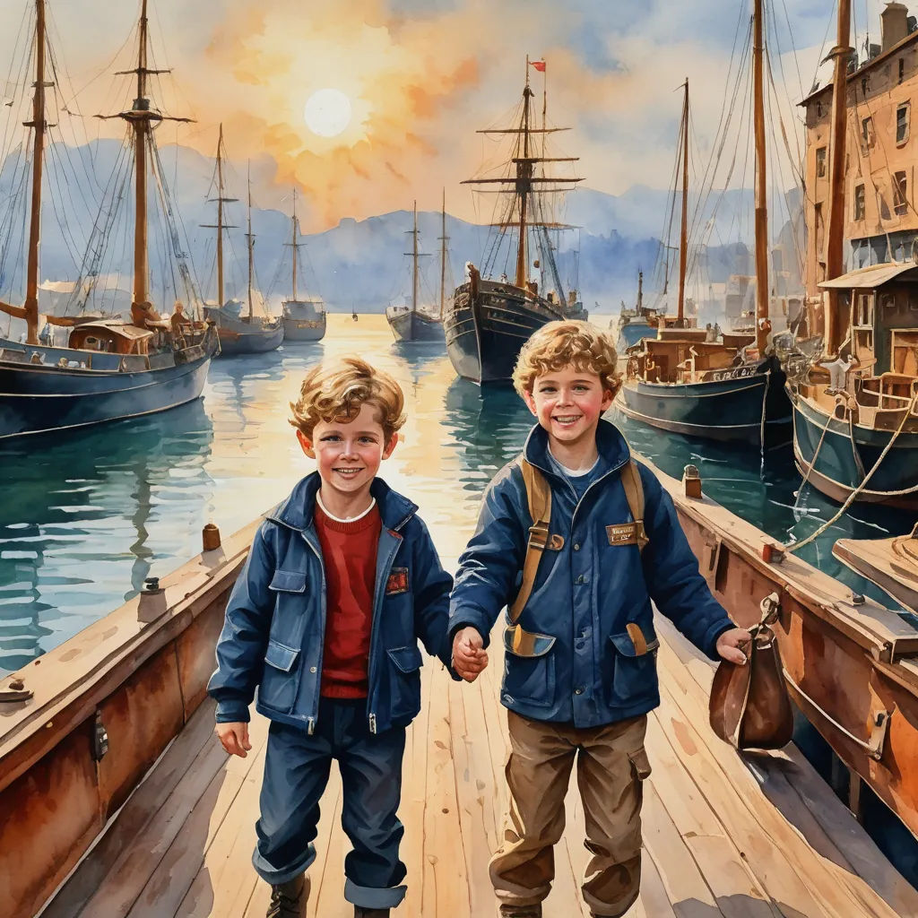 two boys walking on a dock holding hands and smiling at the camera, with ships in the background, and a painting of a sunset, figurative art, a fine art painting, Bob Byerley, highly detailed digital painting