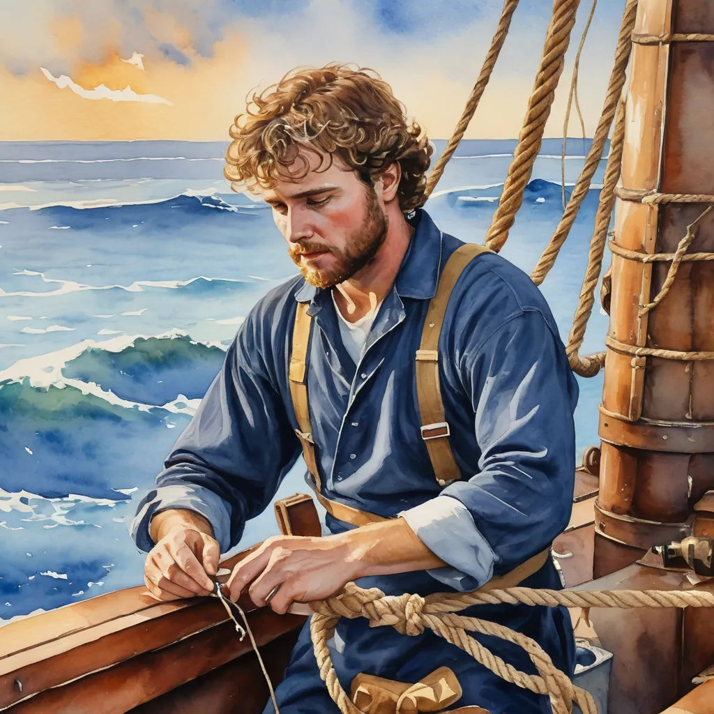 a painting of a man on a boat in the ocean with a rope in his hand and a rope in his other hand, american scene painting, a detailed painting, Douglas Robertson Bisset, highly detailed digital painting