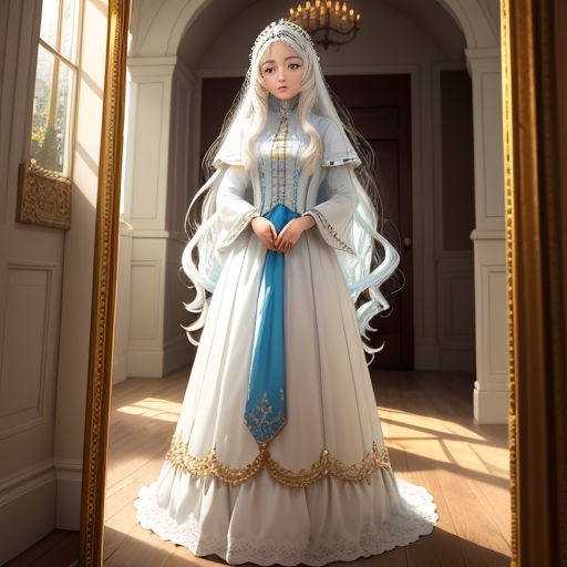 a doll dressed in a white and blue gown and a blue ribbon around her neck and a blue ribbon around her neck