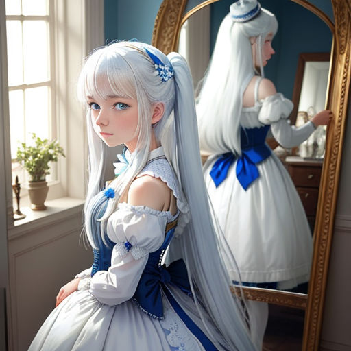 a woman in a white dress is looking in a mirror and she is wearing a blue and white dress
