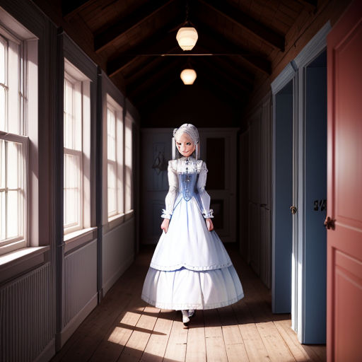 a doll is standing in a hallway in a house with a light shining on her face and dress on
