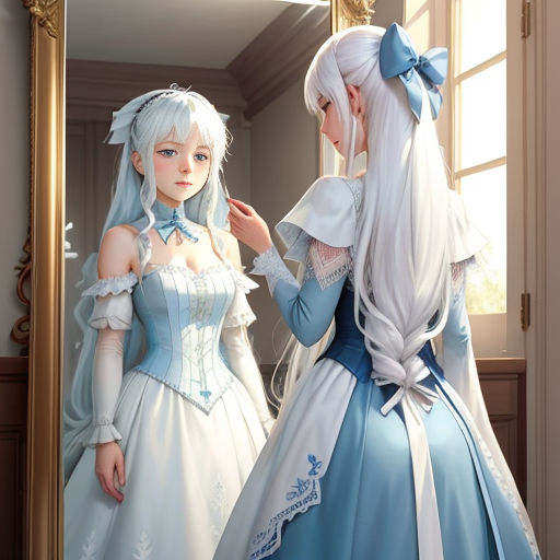 a woman in a blue dress is looking at her reflection in a mirror while another woman in a white dress is looking at her