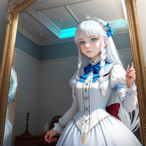 a woman in a white dress is standing in front of a mirror and holding a mirror with a blue ribbon