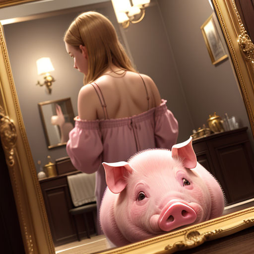 a woman is looking at a pig in a mirror with a reflection of her in the mirror, and a woman is standing in the mirror