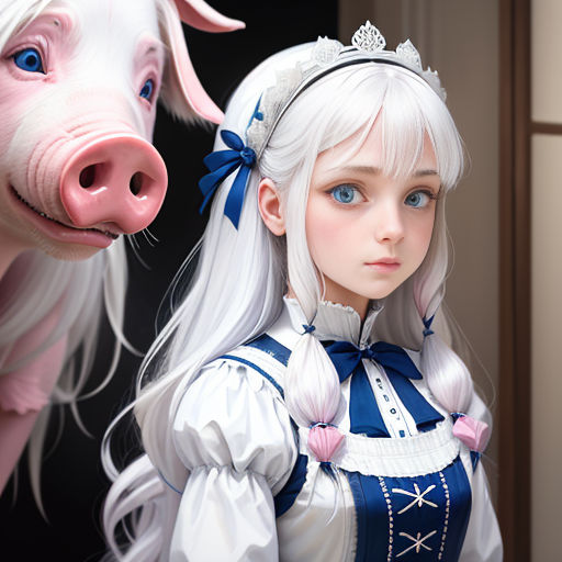 a pig and a girl are standing next to each other in front of a door and a pig is looking at the camera