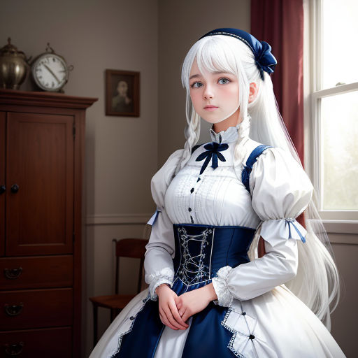 a woman dressed in a white and blue dress with long hair and a blue bow around her neck and a white wig