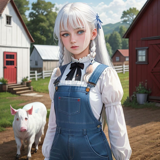 a woman in overalls standing next to a pig in a farm yard with a barn in the background