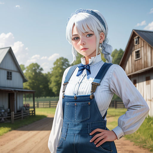 a woman in overalls standing in front of a farm house and a dirt road with a barn in the background