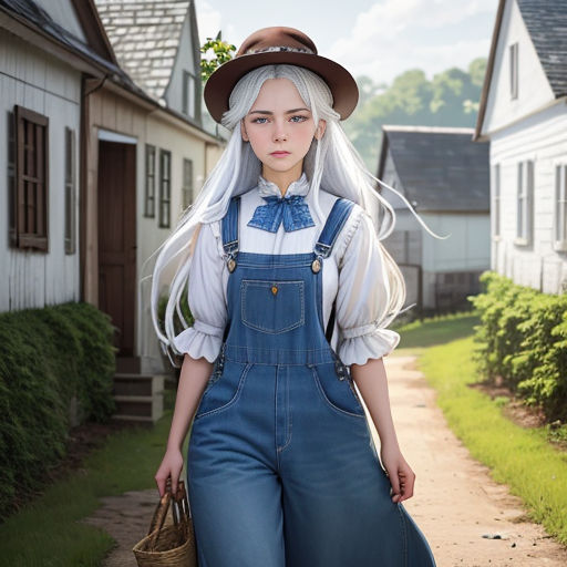 a woman with white hair and a hat is walking down a street with a basket in her hand and a house in the background