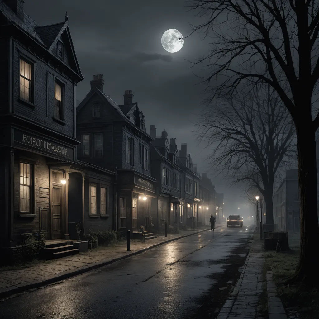 a street at night with a full moon in the sky above it and a few people walking on the sidewalk, art photography, a matte painting, Evgeny Lushpin, unreal engine render