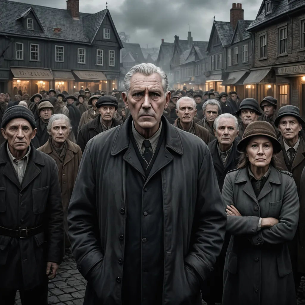 a group of people standing in front of a building with a man in a coat and hat on his head, socialist realism, a poster, Annie Leibovitz, promotional image