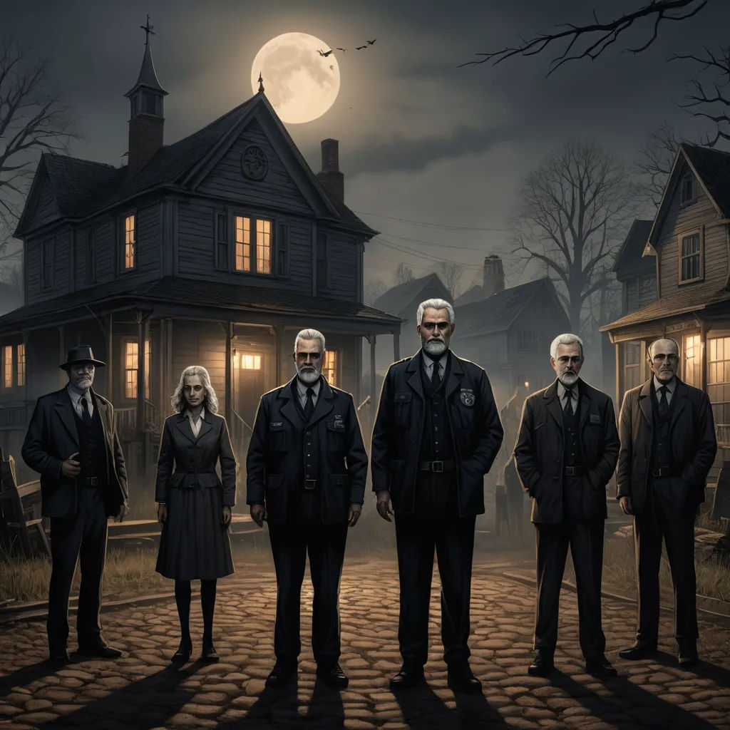 a group of people standing in front of a house at night with a full moon in the background and a full moon in the sky, gothic art, concept art, Edward Otho Cresap Ord, II, key art
