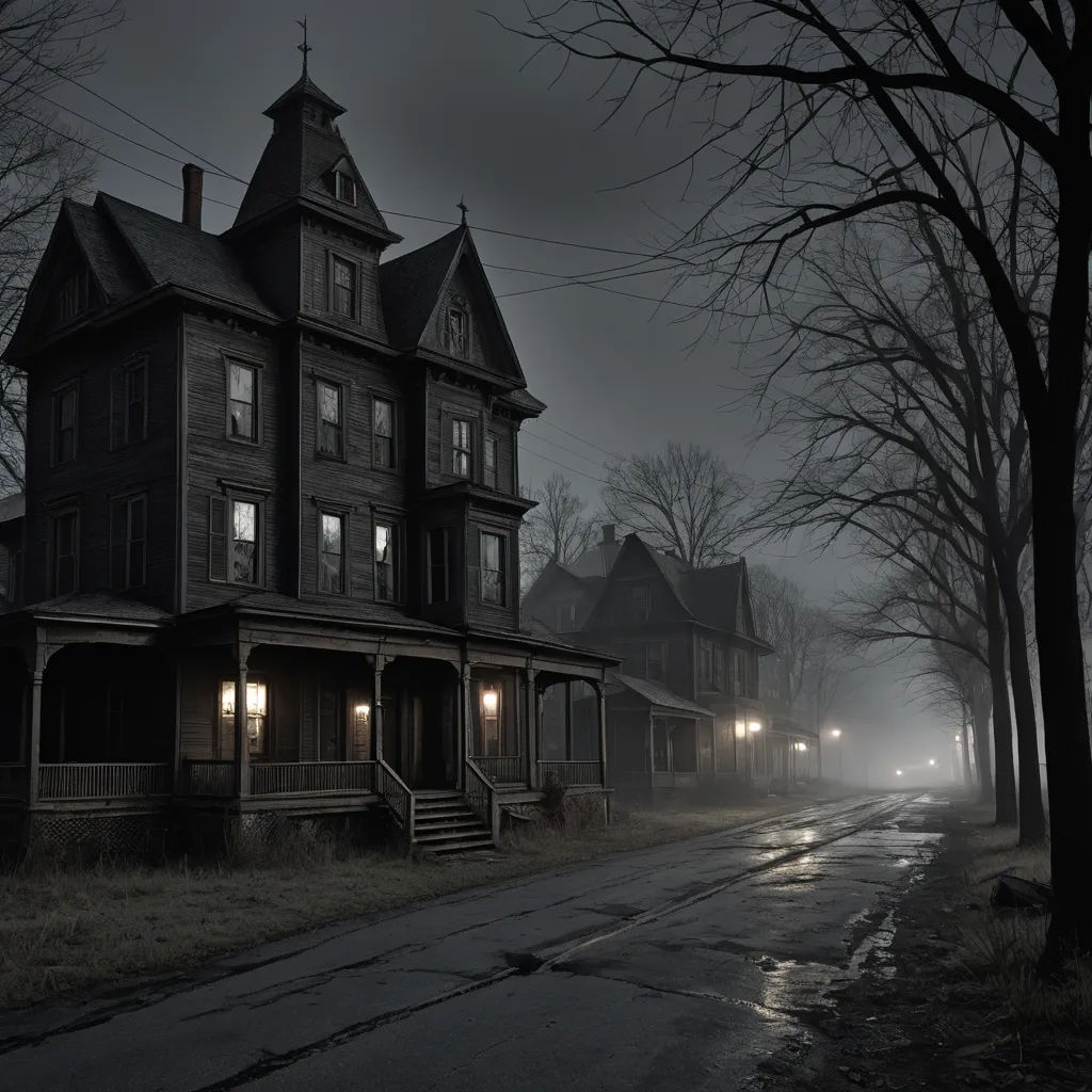 a creepy house with a light on in the dark night time scene with fog and trees on the street, international gothic, a matte painting, Dirk Crabeth, grim yet sparkling atmosphere