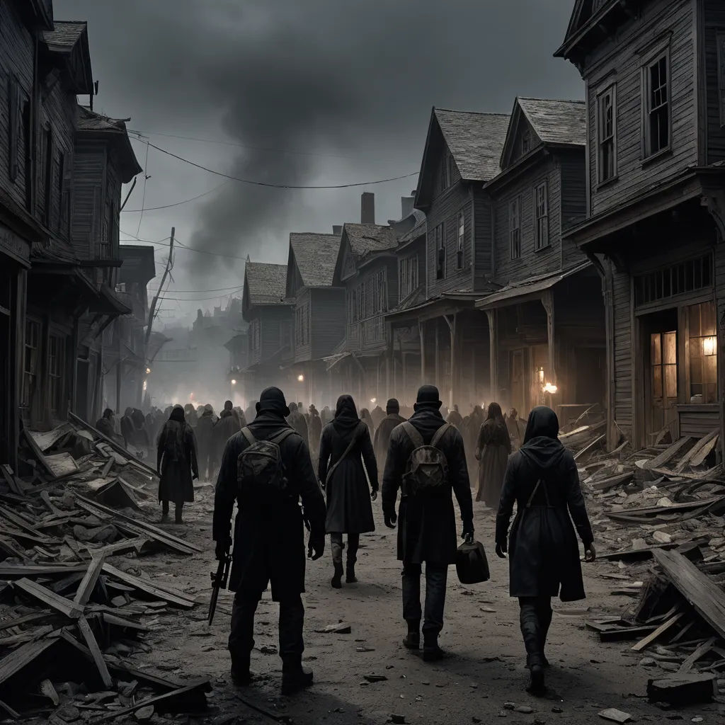 a group of people walking down a street in a town at night with a lot of debris on the ground, antipodeans, a detailed matte painting, Dirk Crabeth, promotional image