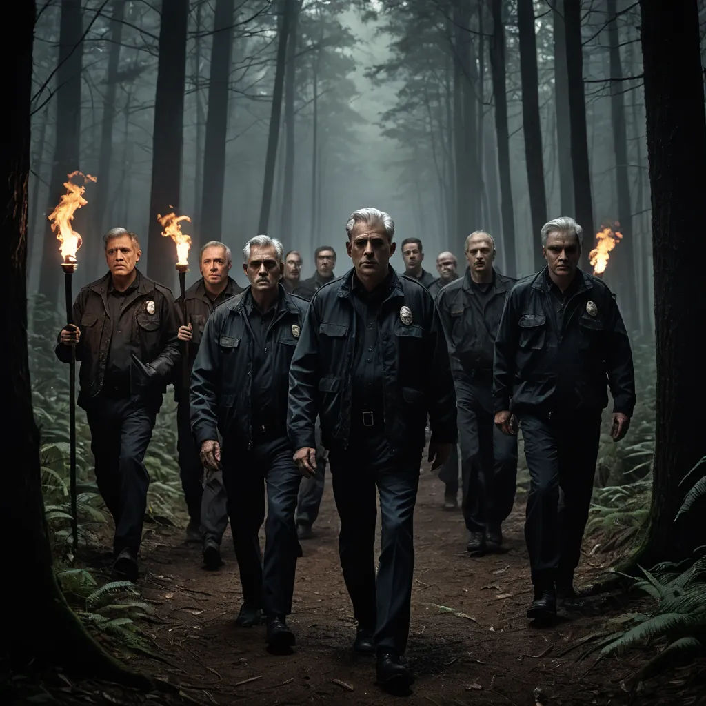 a group of men walking through a forest holding torches in their hands and walking towards the camera with fire in their hands, antipodeans, a poster, David Budd, promotional image