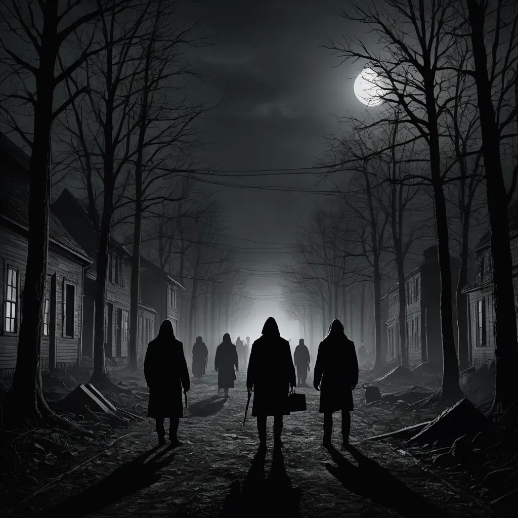 a group of people walking down a dark street at night with a full moon in the background and a dark sky, digital art, a digital painting, Dirk Crabeth, noir