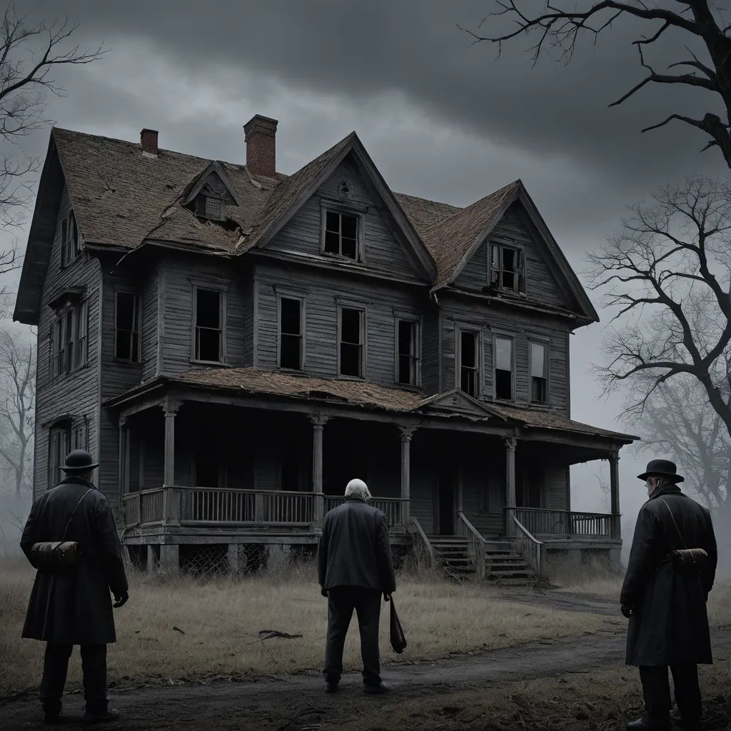 three men standing in front of a creepy house with a creepy sky in the background and a dark sky in the background, gothic art, a detailed matte painting, Dirk Crabeth, promotional image