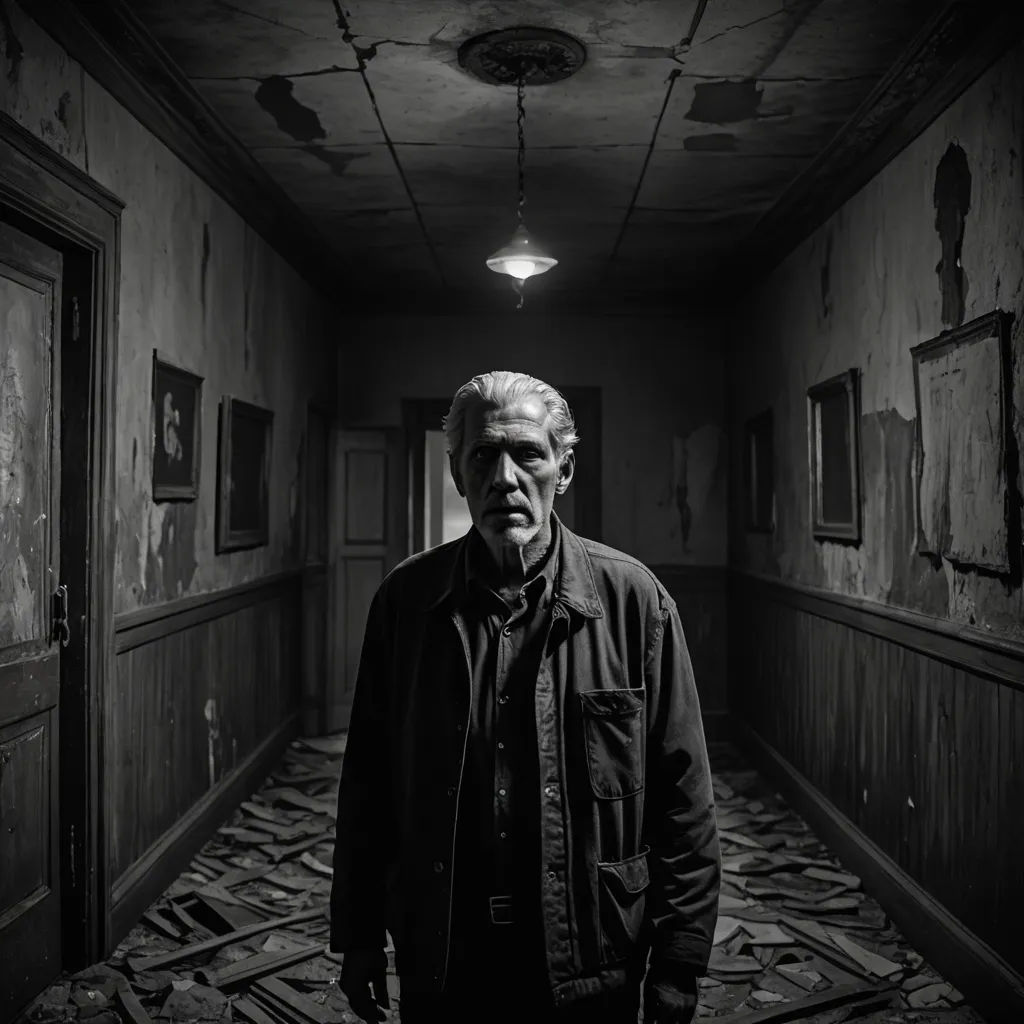 a man standing in a dark hallway with a light on above him and a door open to another room, art photography, a black and white photo, Charles Mahoney, promotional image