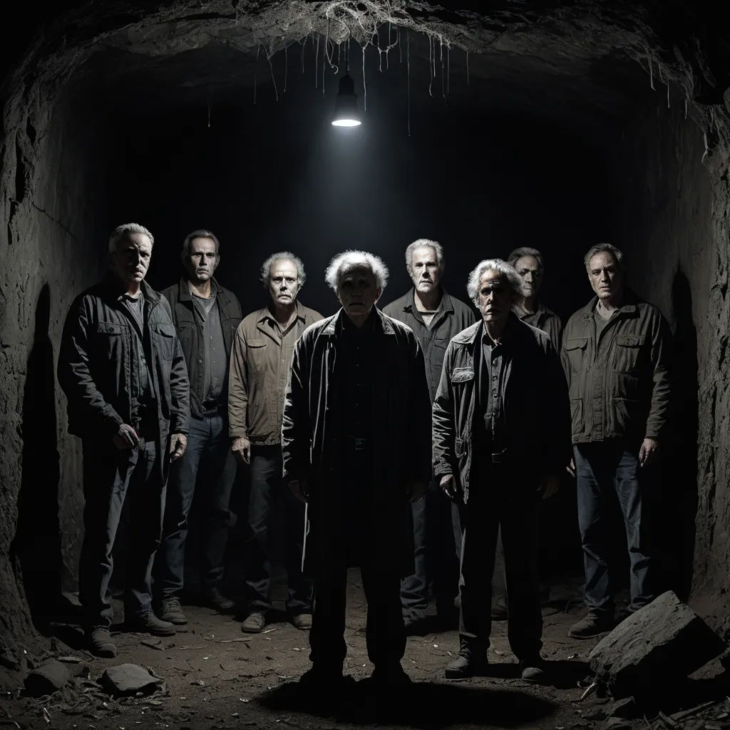 a group of men standing in a dark tunnel with a light on the ceiling and a light on the ceiling, antipodeans, a flemish Baroque, Bela Čikoš Sesija, promotional image