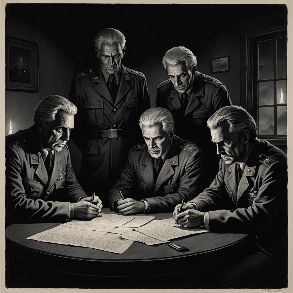 a group of men sitting around a table with papers and pens in front of them, all looking at a piece of paper, new objectivity, an ultrafine detailed painting, Brothers Hildebrandt, blueprint