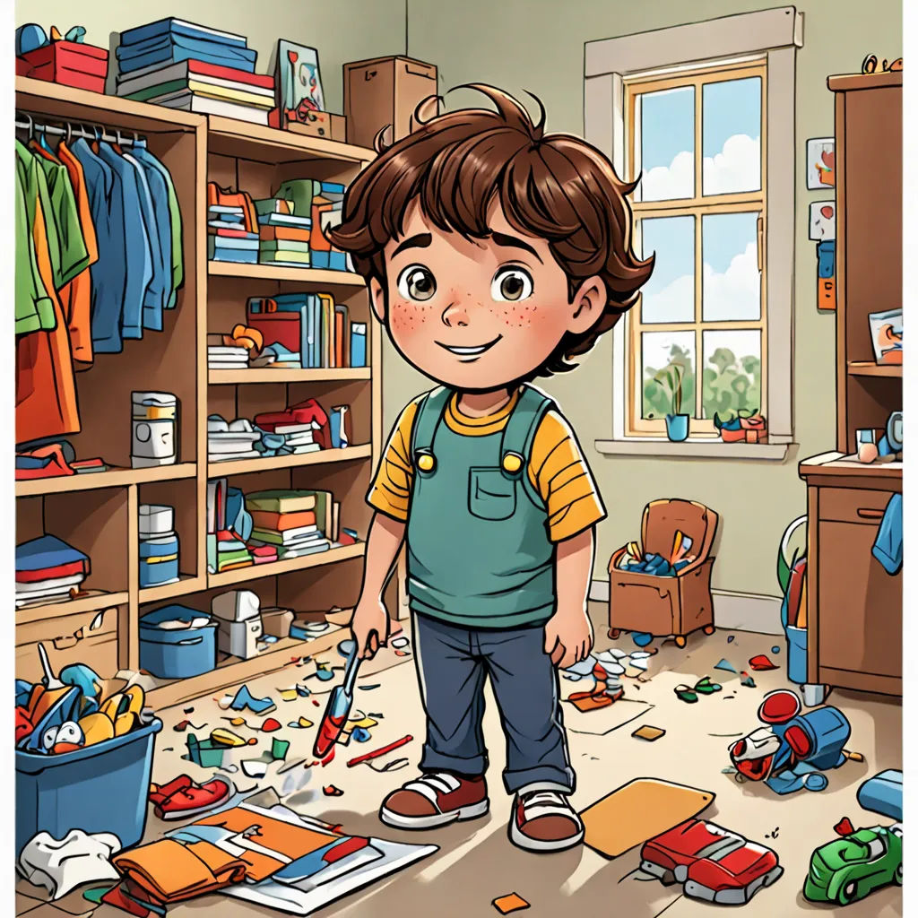 a boy is standing in a messy room with toys and books on the floor and a bookcase full of books, auto-destructive art, a storybook illustration, Diego Gisbert Llorens, storybook illustration