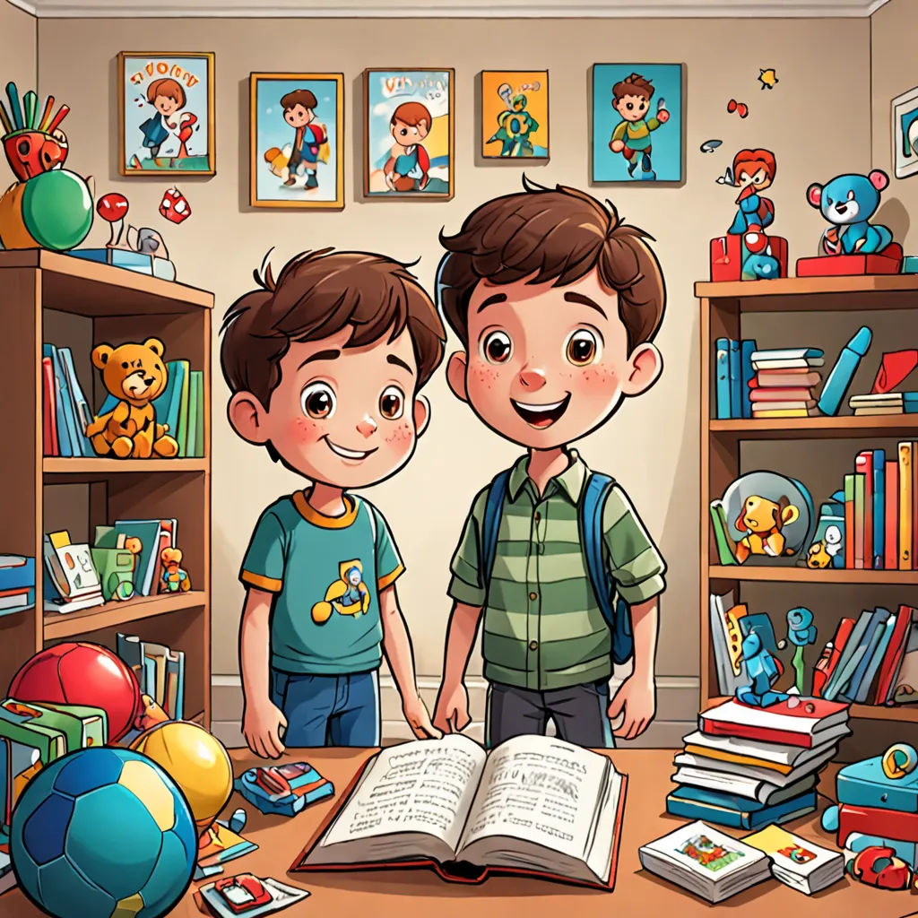 two boys standing in front of a bookcase with a book open in front of them and a teddy bear on the floor, lyco art, a storybook illustration, Diego Gisbert Llorens, storybook illustration