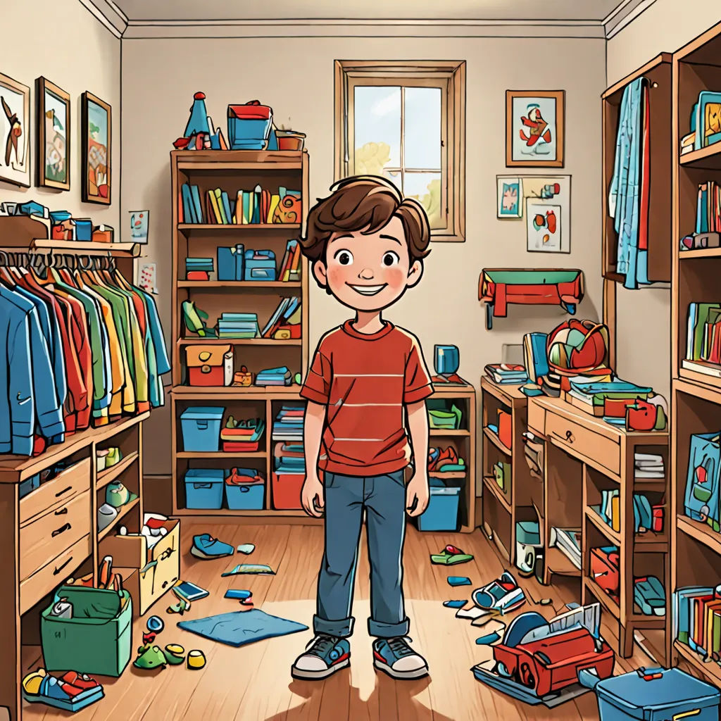 a boy standing in a room with a lot of toys and books on the floor and a lot of clothes on the shelves, lyco art, a storybook illustration, Chris LaBrooy, promotional image